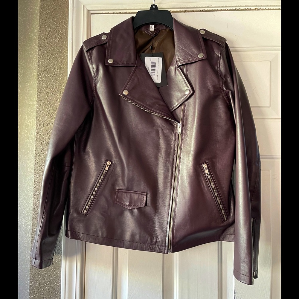 Genuine Leather Moto Jacket Eggplant Purple LG NEW